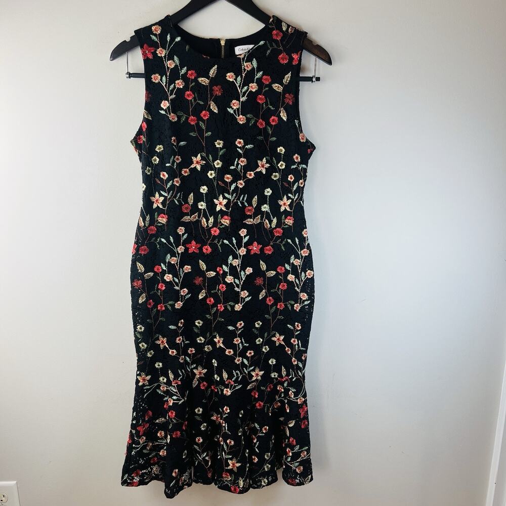 Calvin Klein Black Sheath Dress Size 8 Floral Embroidered Lined Lace Sleeveless